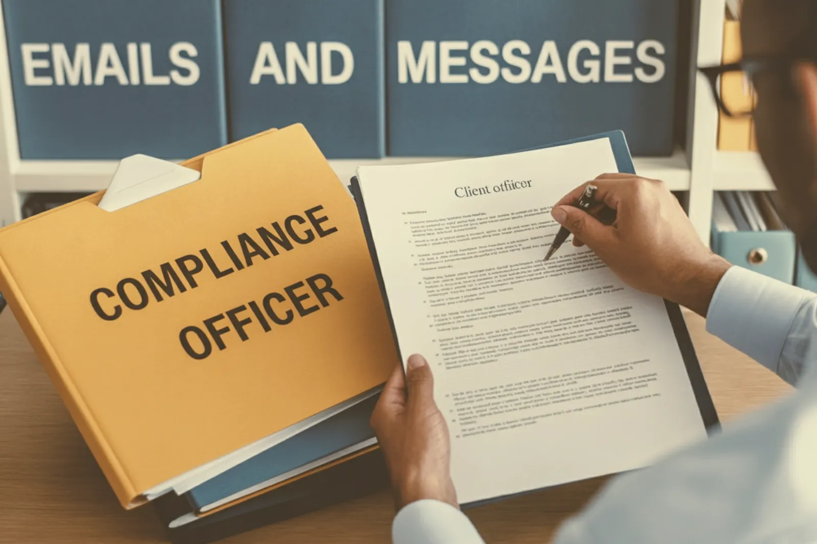 Compliance officer reviewing client documents with labeled folders for emails and messages