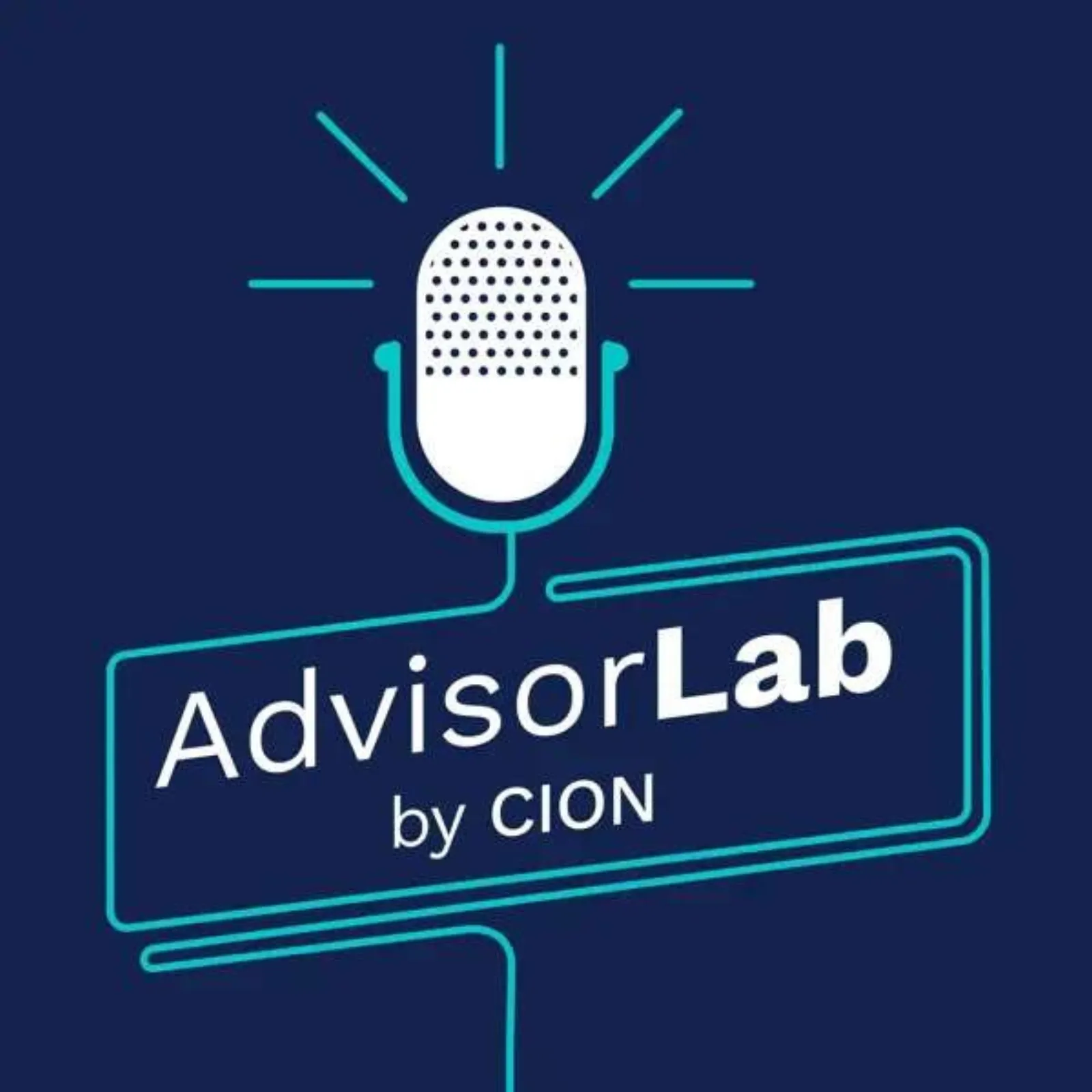 AdvisorLab by CION podcast cover with glowing microphone icon on dark blue background
