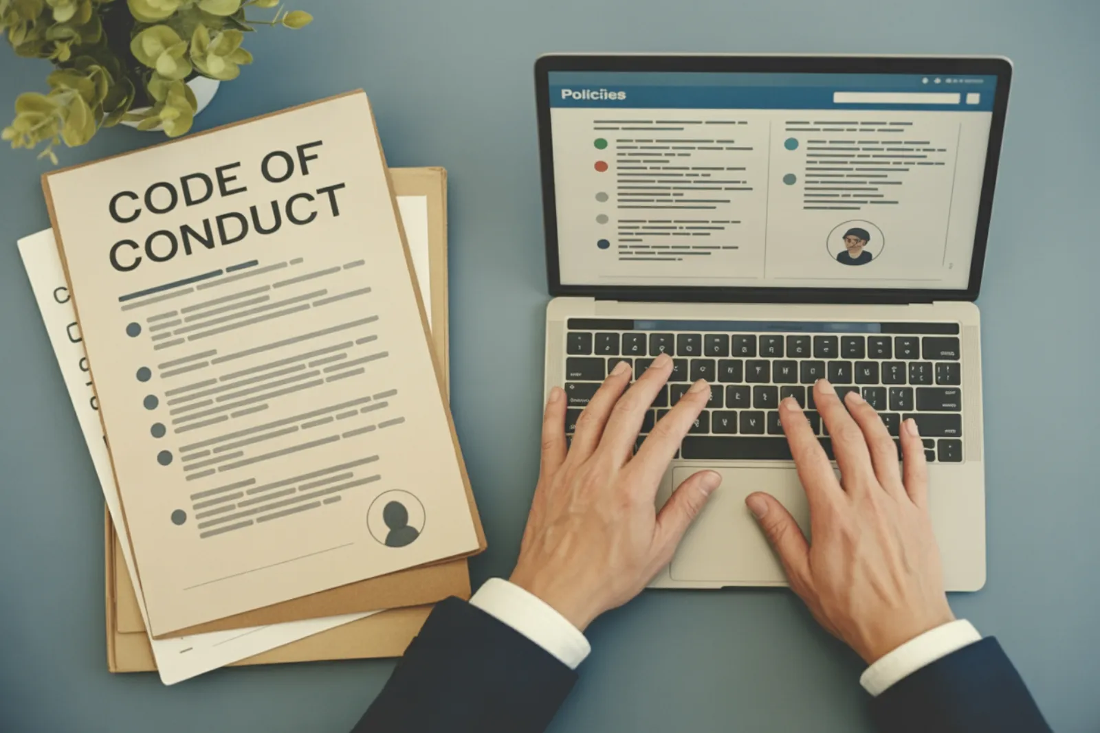 Code of conduct document on clipboard beside a laptop displaying company policies page