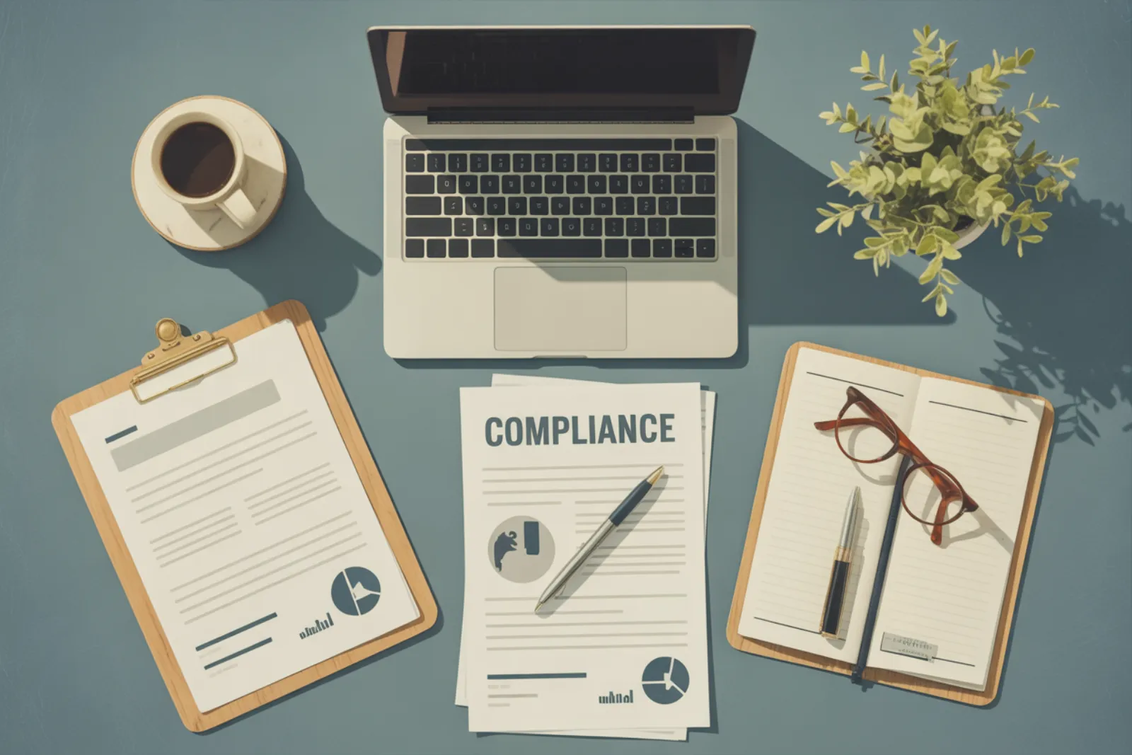 Flat lay of compliance documents, laptop, coffee cup, clipboard, and glasses on blue desk