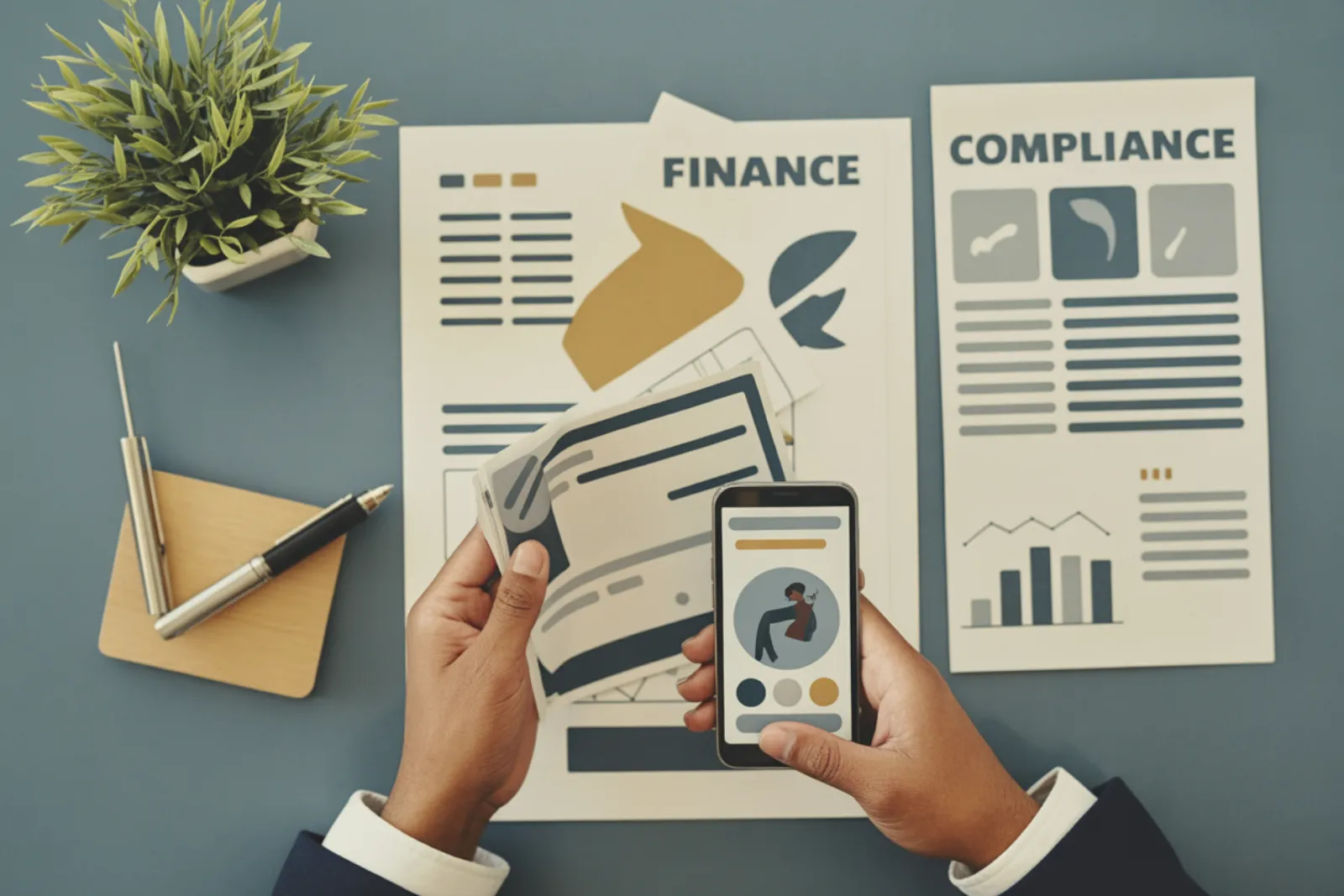 Hands holding smartphone over finance and compliance documents on a gray desk with charts