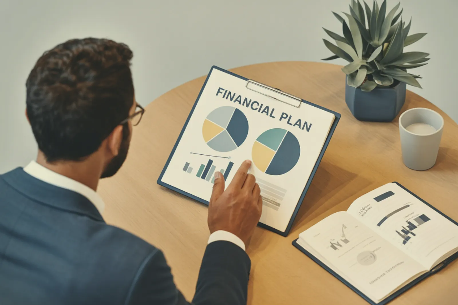 Businessman reviewing a financial plan clipboard with pie charts and bar graphs at a round table