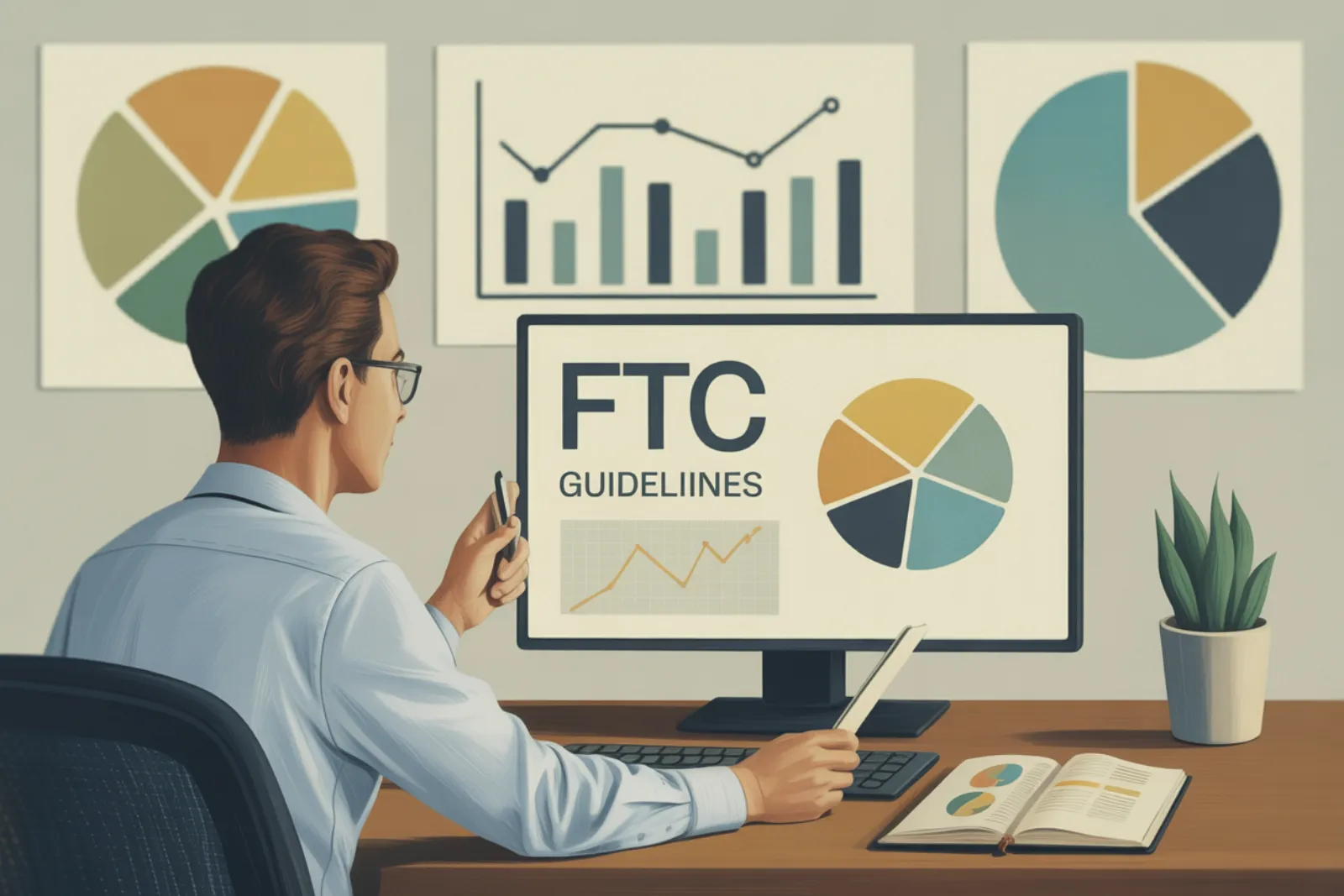 Person viewing FTC Guidelines on a computer monitor with pie charts and bar graphs on the wall