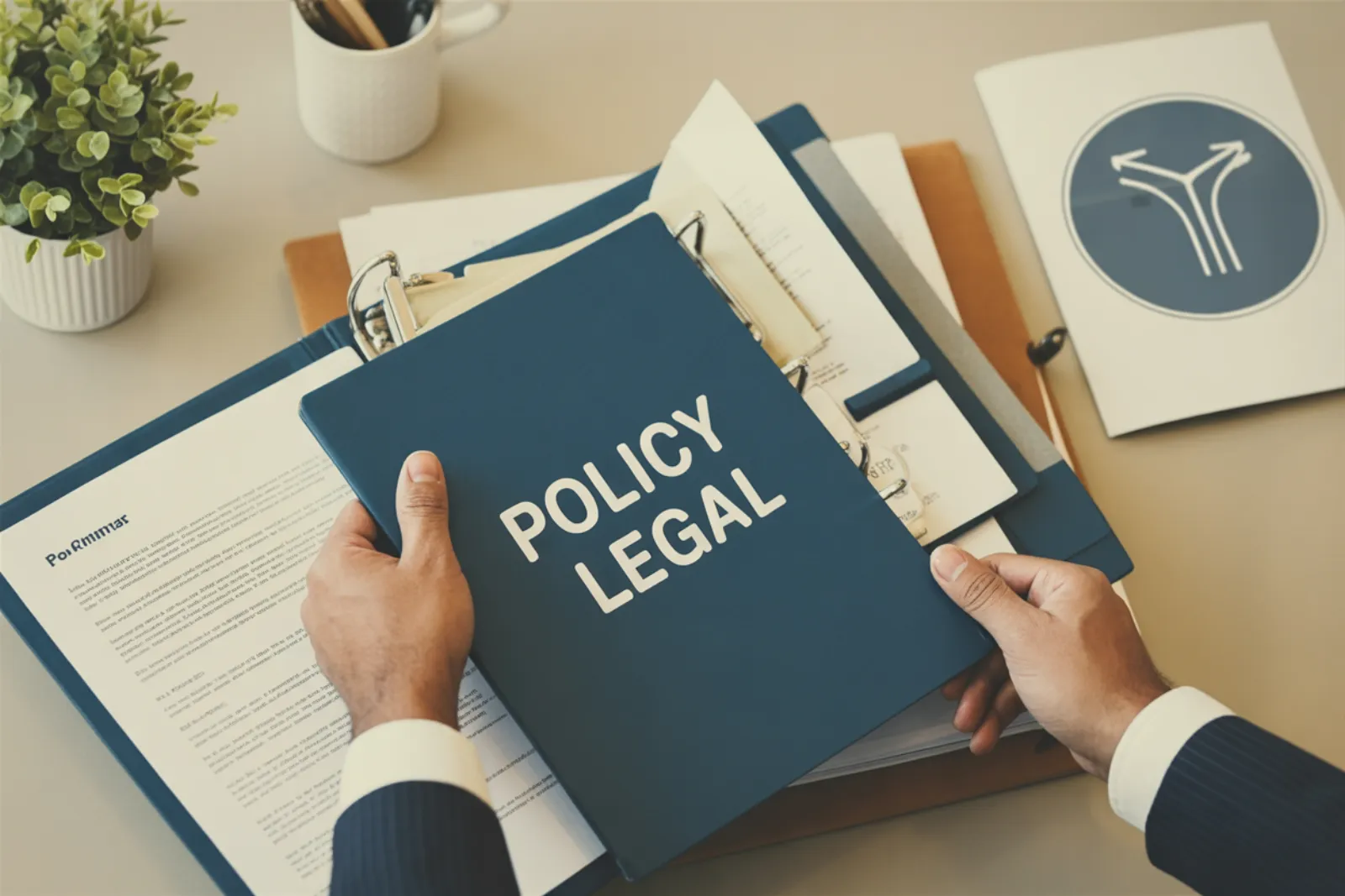 Hands holding open a dark blue folder labeled Policy Legal on a desk with documents