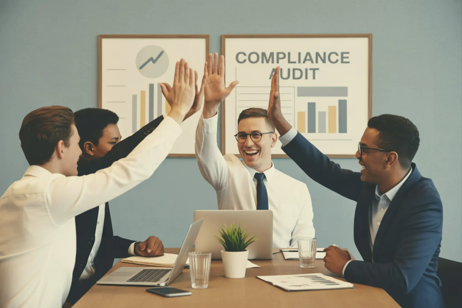 Four business professionals high-fiving in front of compliance audit and chart posters in a meeting room