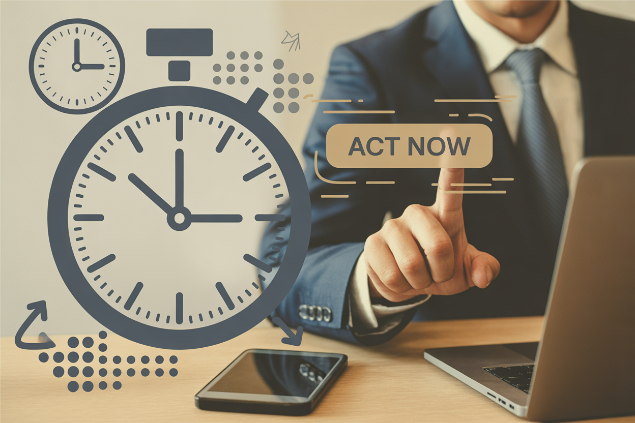 Businessman pressing an Act Now button with a large clock graphic and laptop on desk