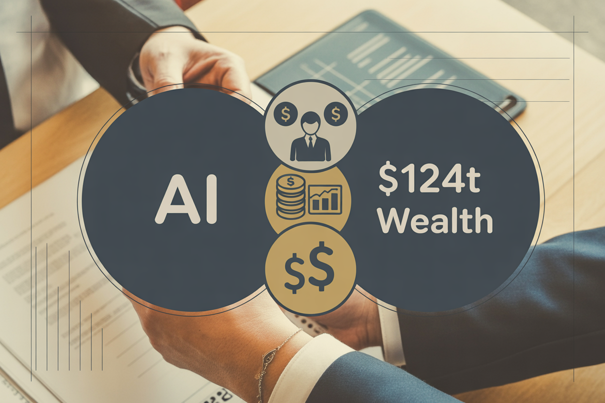 Handshake with overlapping circles showing AI and $124T Wealth labels with financial icons