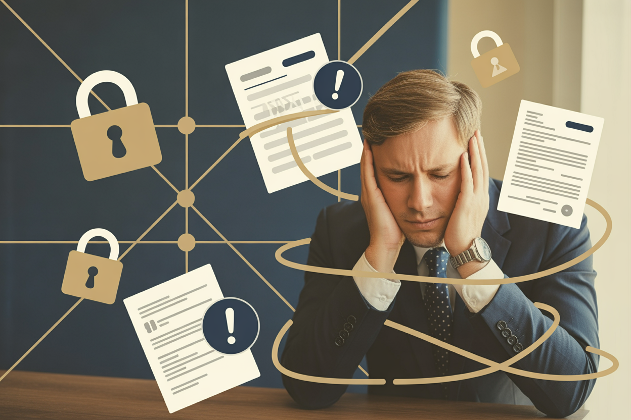 Stressed businessman with head in hands surrounded by floating lock icons and compliance documents