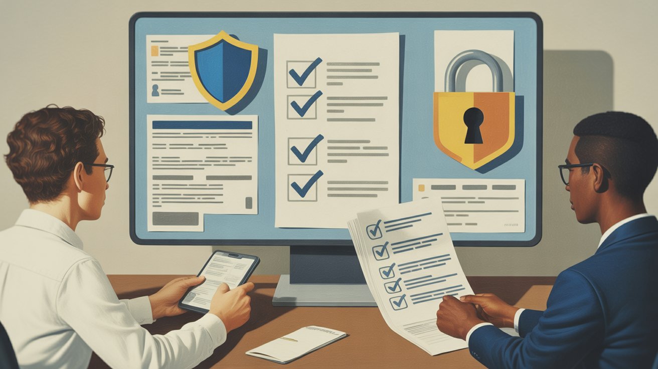 Two professionals reviewing a compliance checklist with shield and lock icons on a large monitor