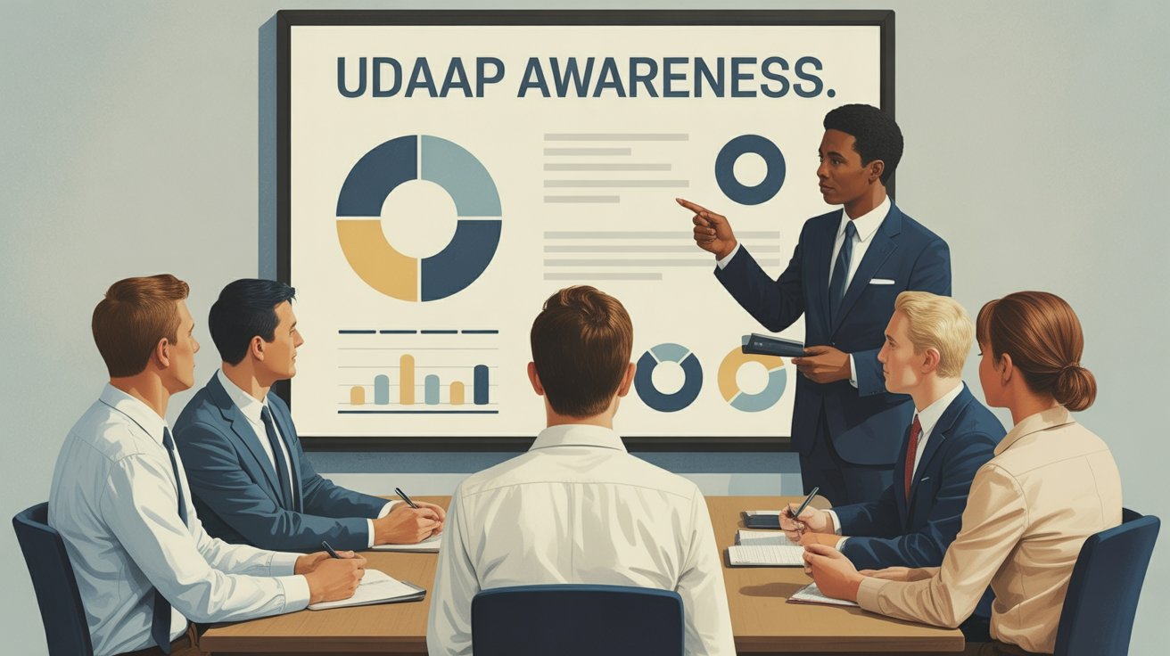 Presenter leading a UDAAP Awareness training session with charts for a group of banking professionals