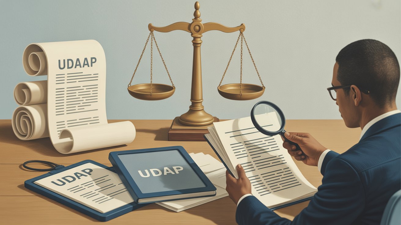 Person examining UDAAP documents with a magnifying glass beside balance scales and scrolls