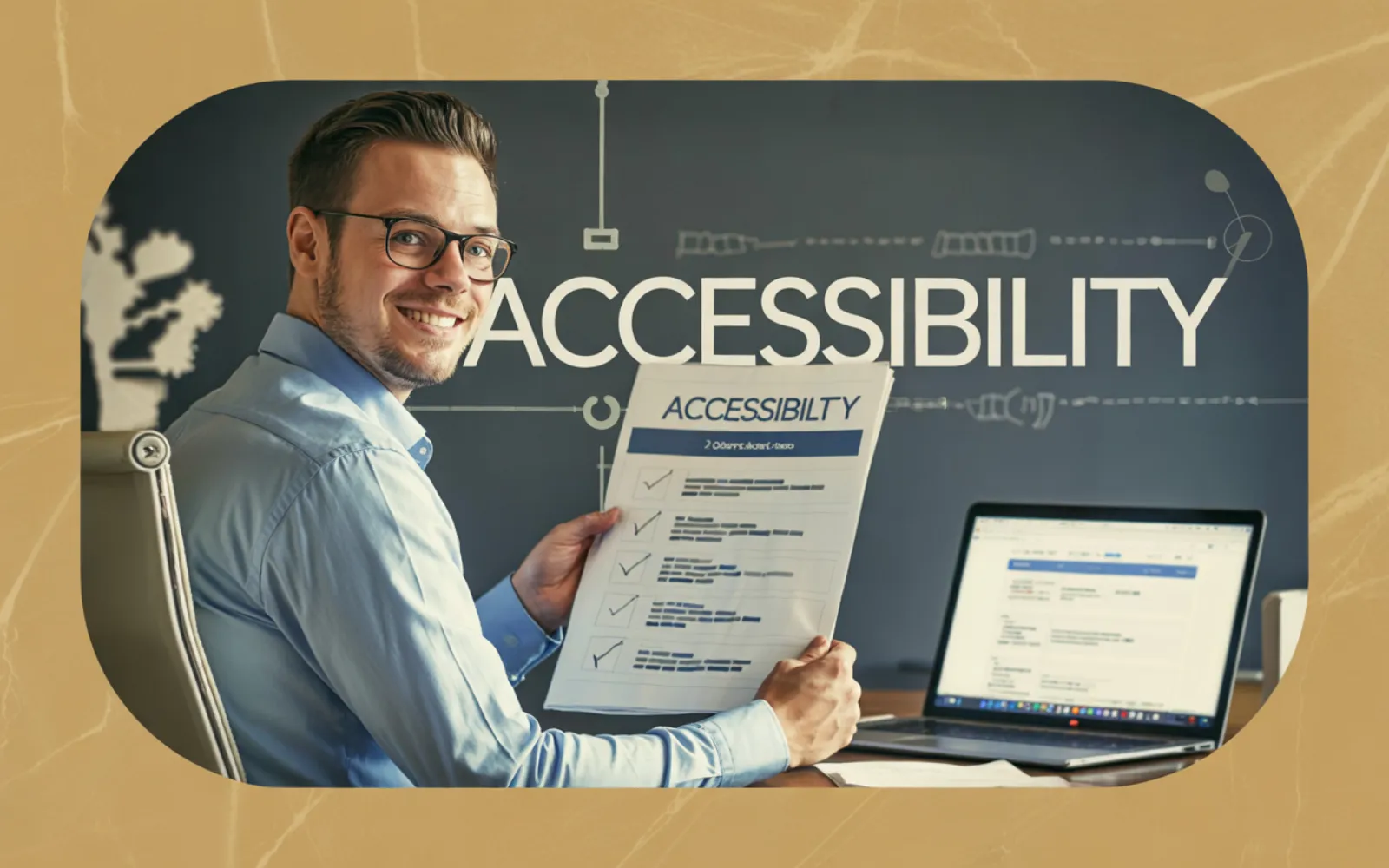 Smiling professional holding an accessibility checklist beside a laptop with Accessibility text behind
