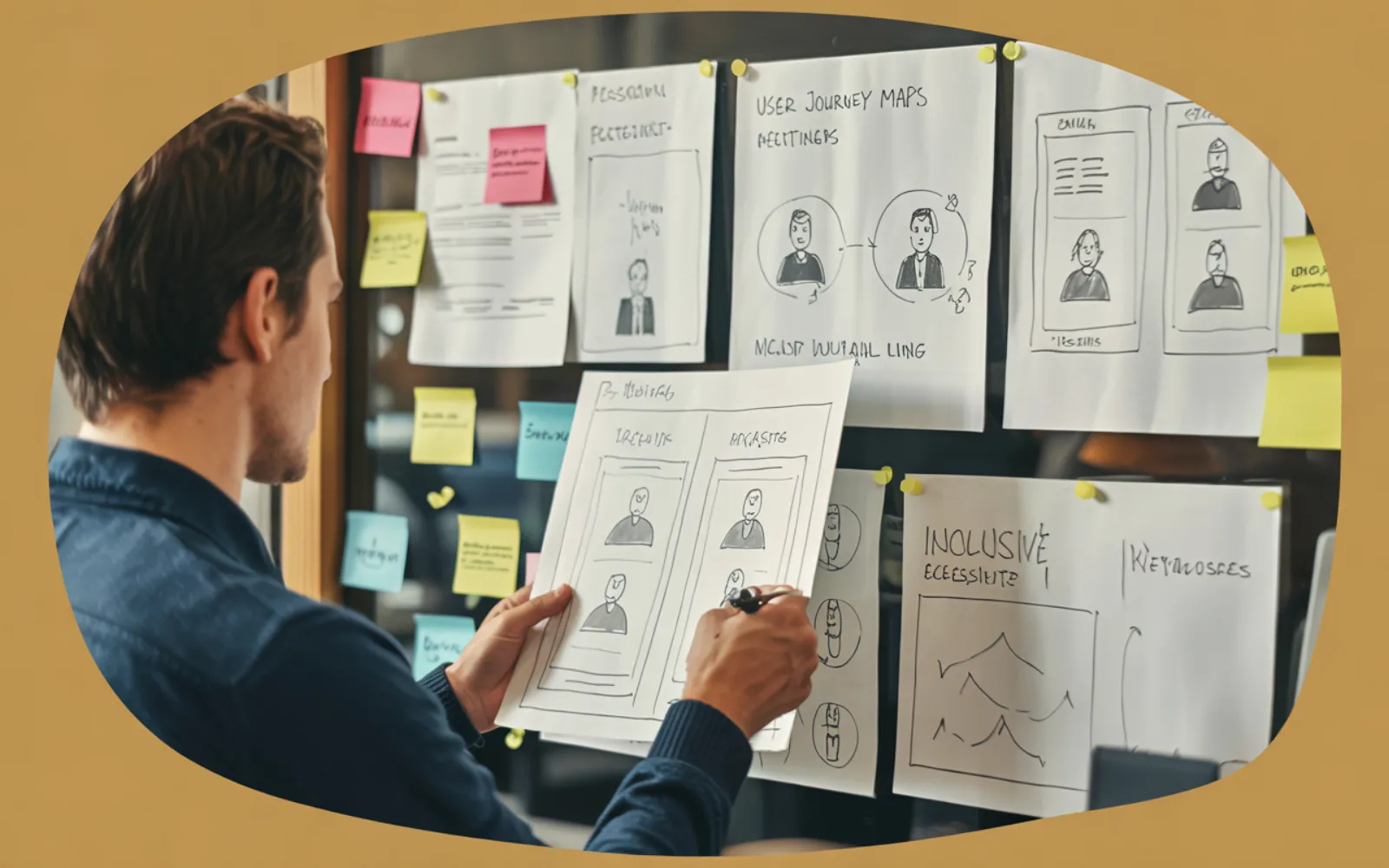 Designer reviewing user journey maps and inclusive accessibility wireframes on a pinboard