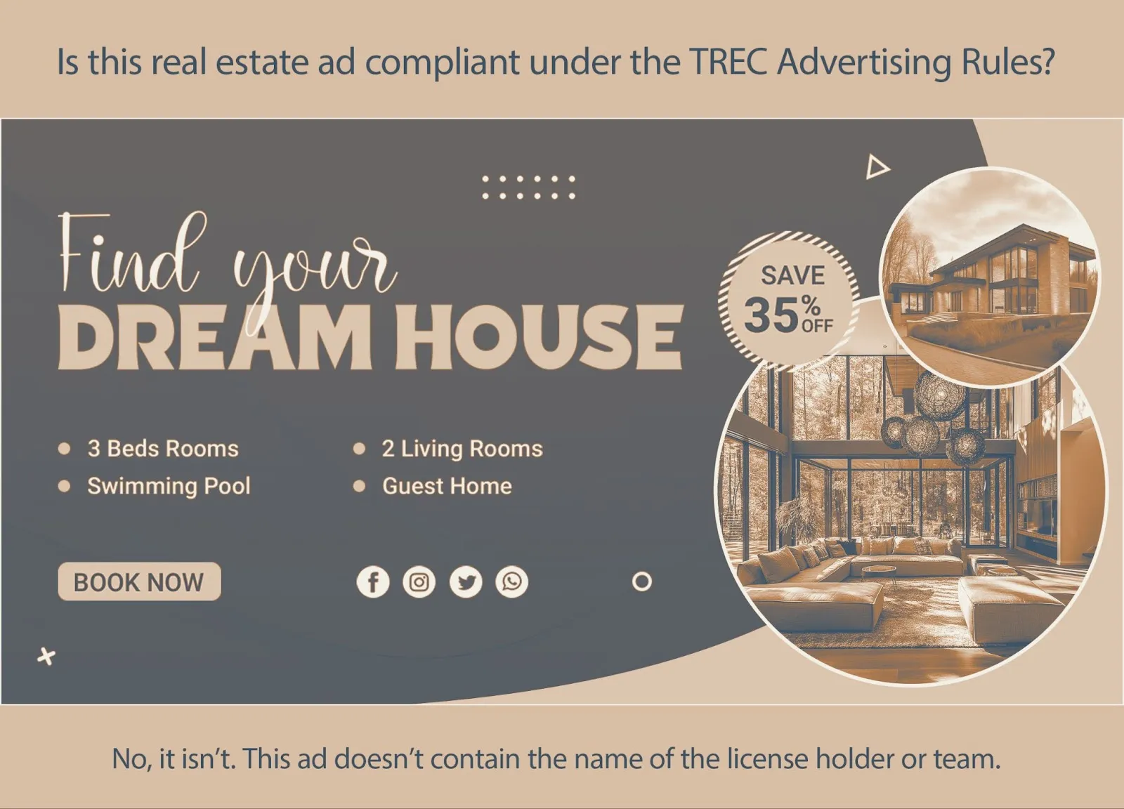 Example real estate ad flagged as non-compliant under TREC rules for missing license holder name