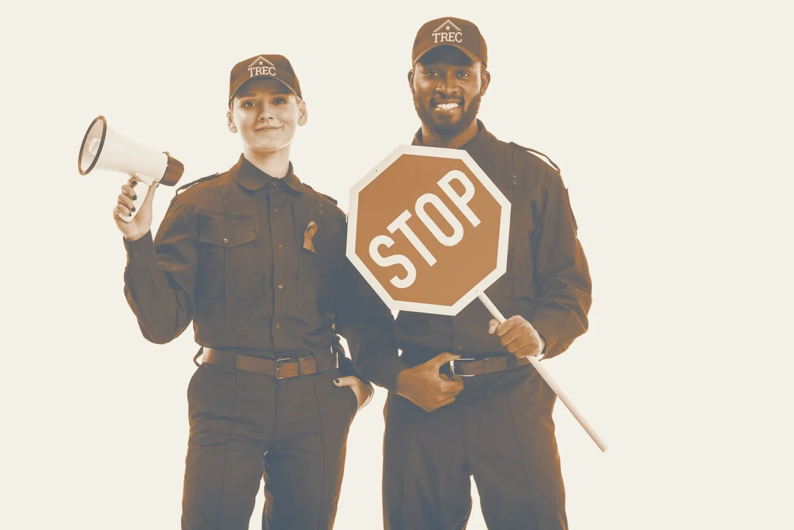 Two TREC-uniformed officers holding a megaphone and stop sign representing advertising enforcement
